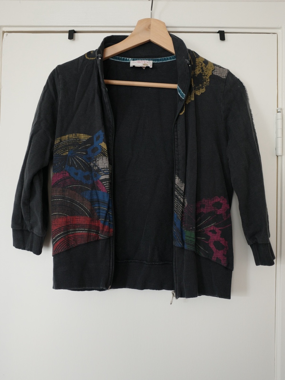 French Connection Navy Zip-Up Sweater with Multicolor Abstract Prints